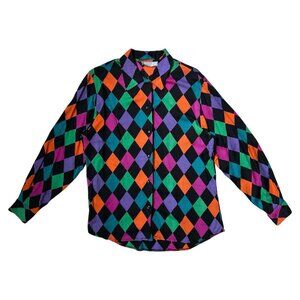 80s vintage harlequin clown multicolour diamond pattern button up blouse shirt.